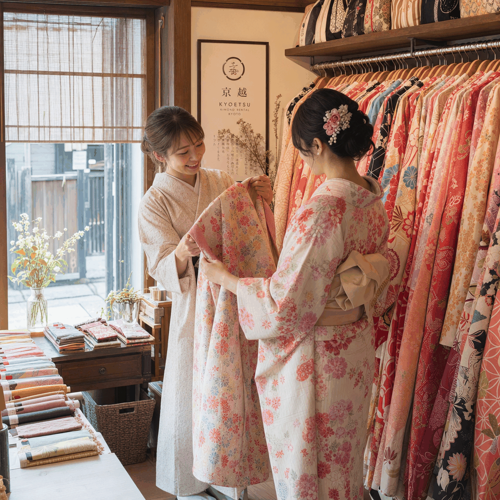 Visitor in kimono walking toward a Kyoto shrine path