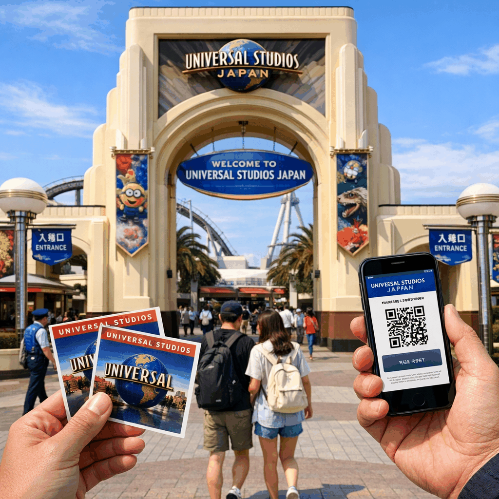 Ticket terminal inside a Japanese convenience store (Lawson) showing Loppi machine and ticket kiosk