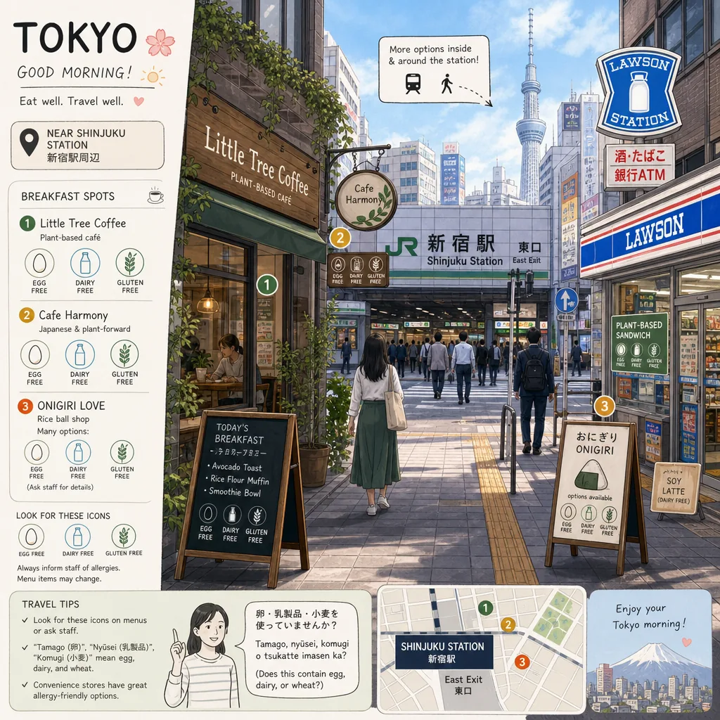 A Tokyo café breakfast table with packaged and clearly labeled food options.