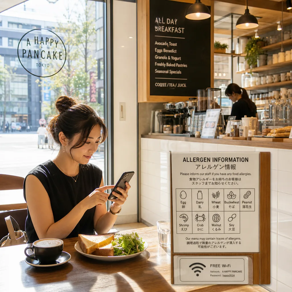 Tokyo breakfast search using a phone and a printed Japanese allergy note.