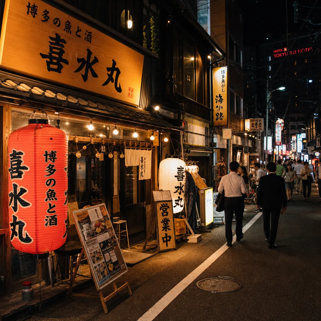 Nighttime street scene in Fukuoka showing a lively area near Hakata Station
