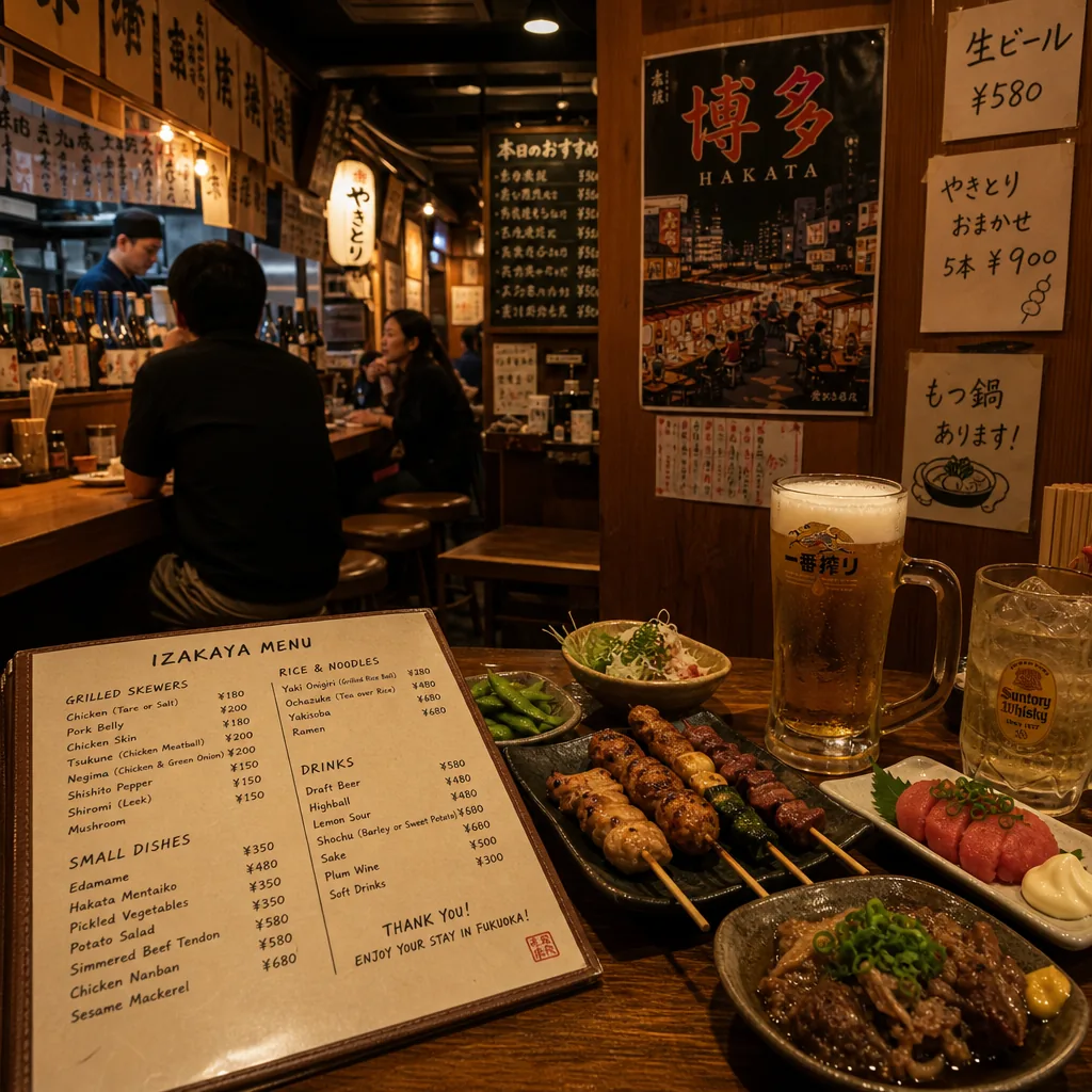 Izakaya entrance in Fukuoka with lanterns and menu signage, useful for late-night dining searches