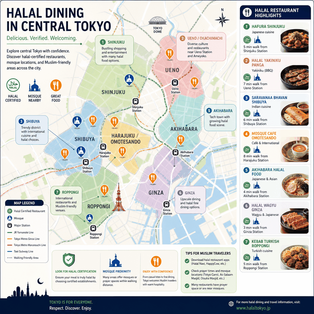 Tokyo halal dining map showing useful neighborhoods like Shinjuku, Asakusa, Ueno, Shibuya, and