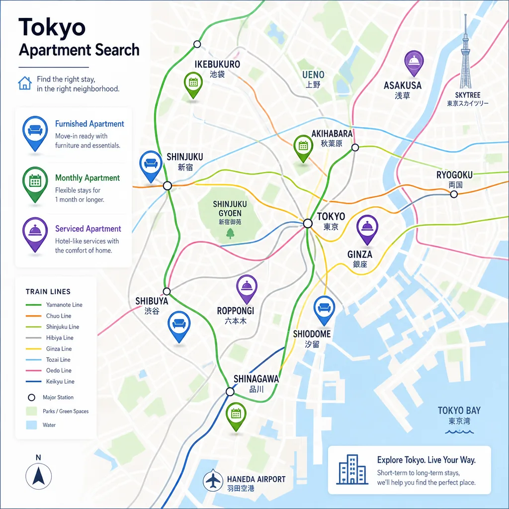 Compact furnished apartment in Tokyo with bed, desk, kitchenette, and suitcase by the door