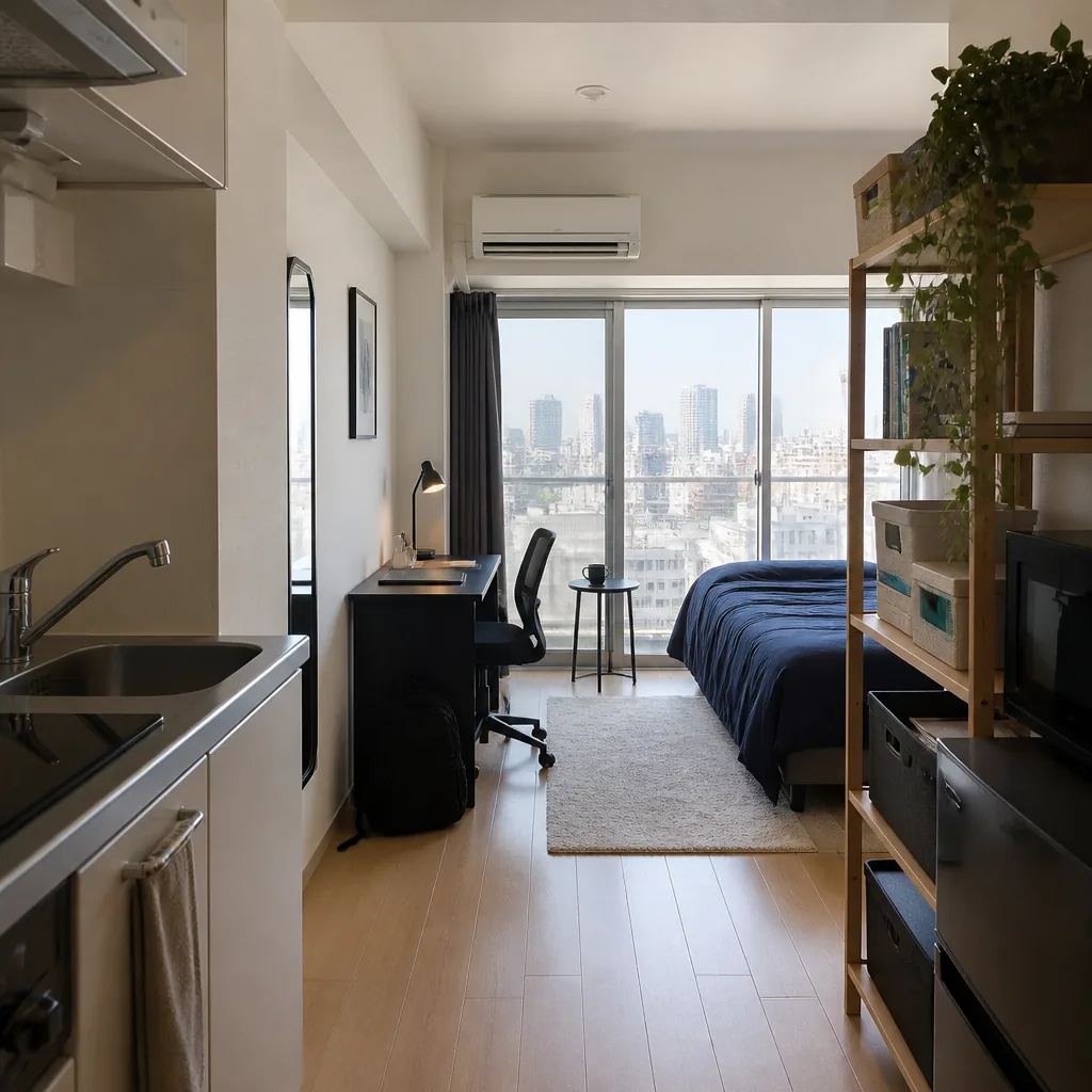 Tokyo monthly apartment search options on a laptop, with neighborhood maps and train lines visible