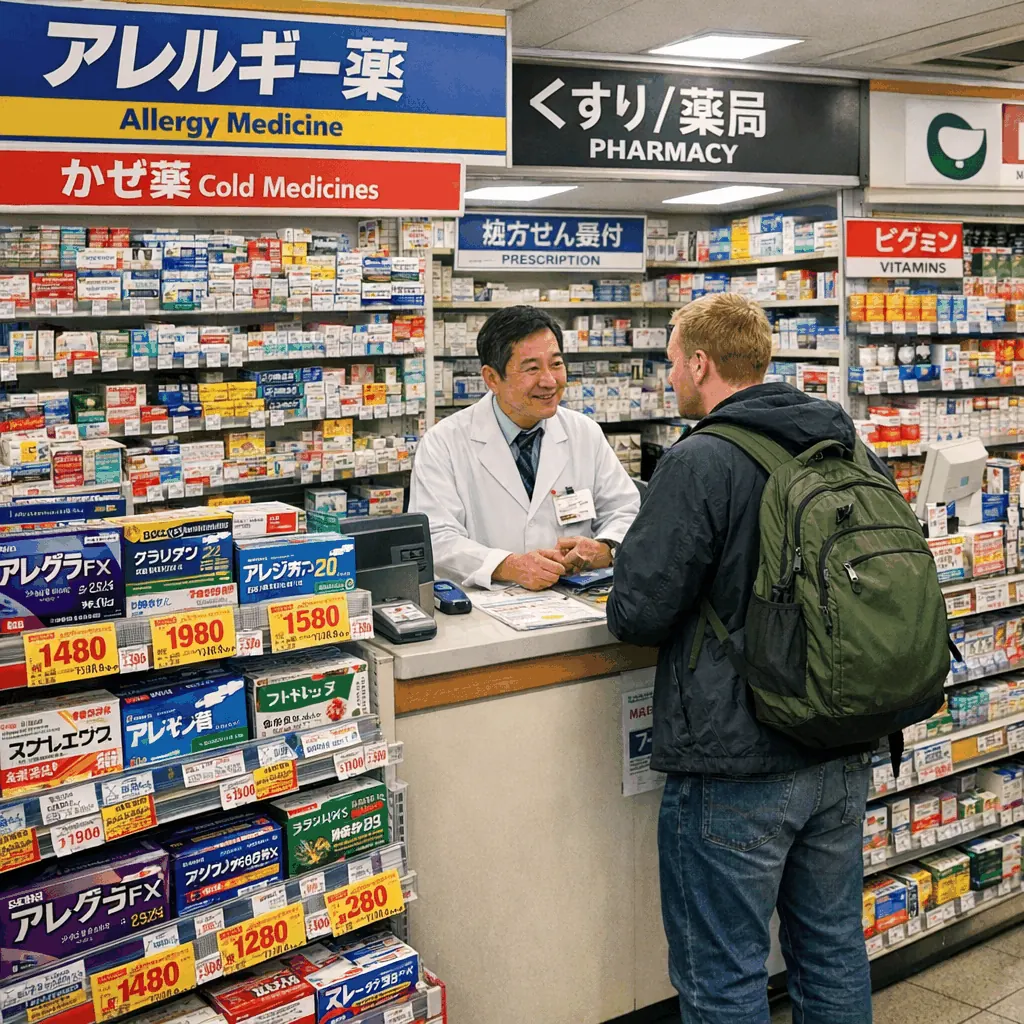 Exterior of a Tokyo drugstore with shelves of allergy medicines
