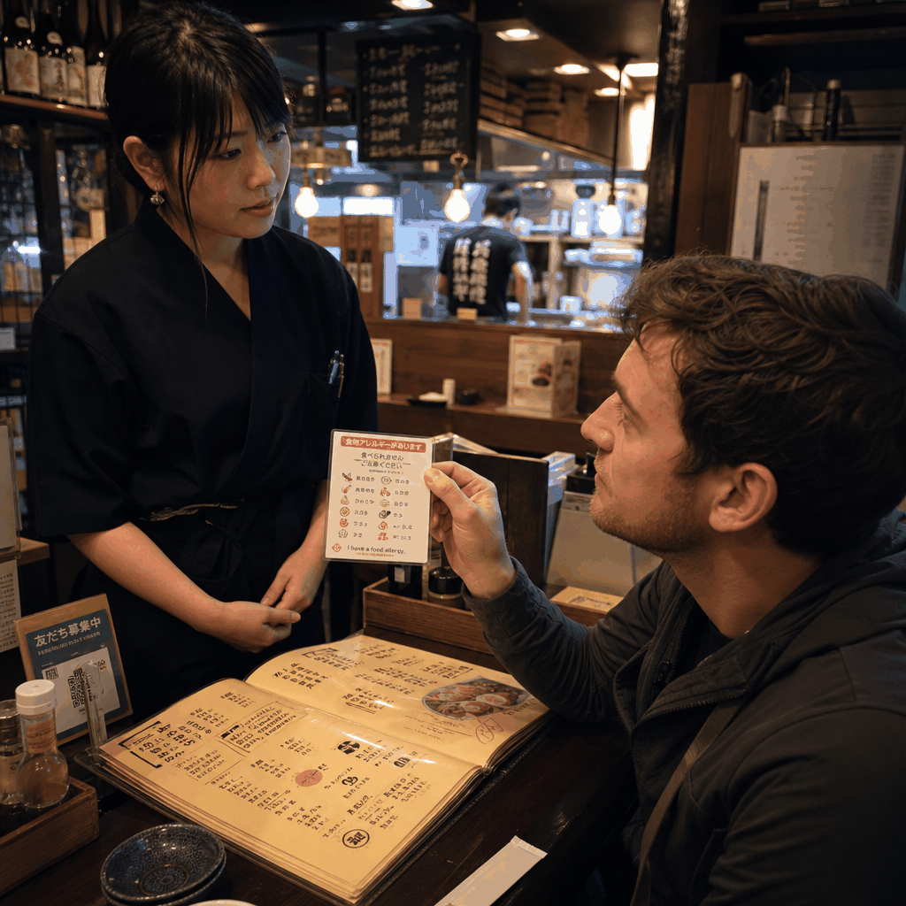 Tokyo izakaya table with shared dishes and an allergy card for ingredient confirmation