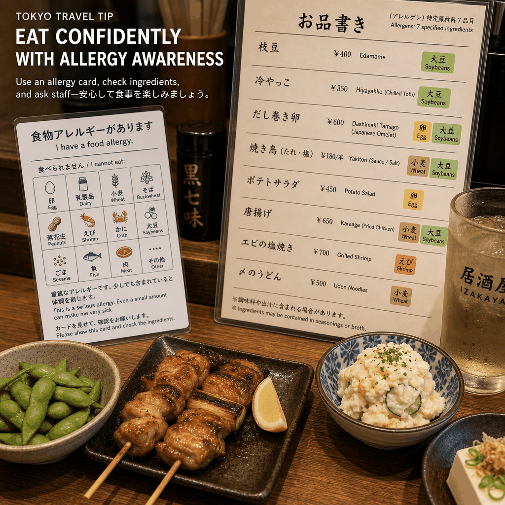 Japanese allergy card shown at a Tokyo izakaya before ordering