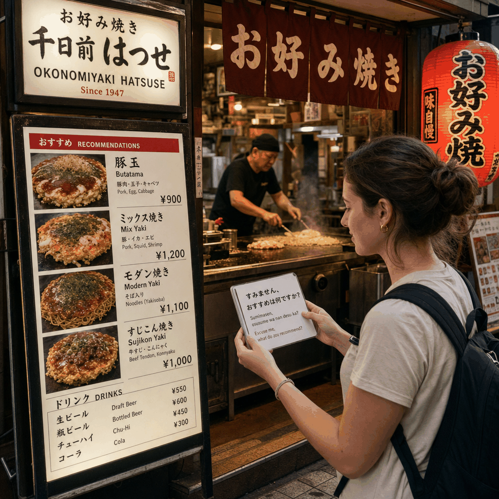 Vegetarian okonomiyaki in Osaka with cabbage and vegetables on a teppan grill