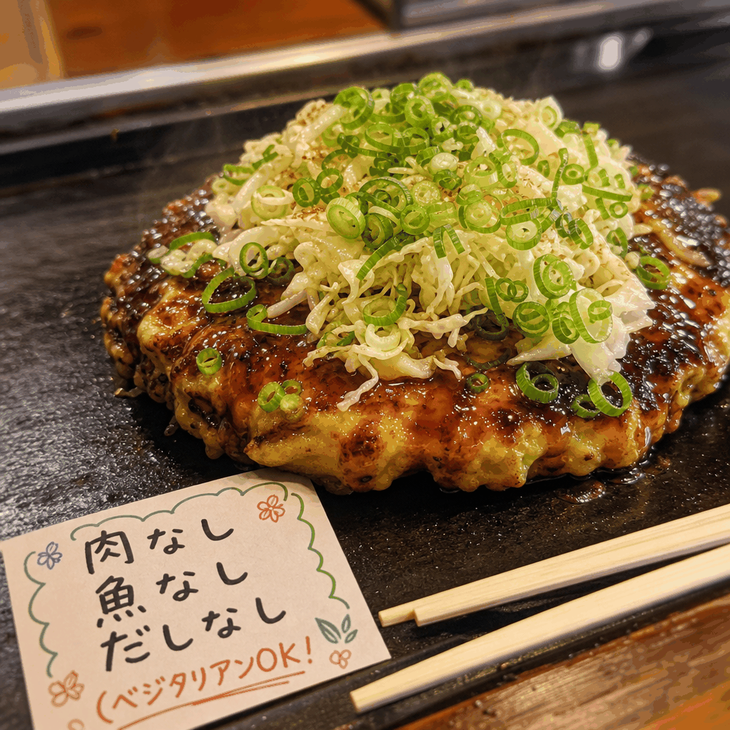 Osaka street dining scene near Dotonbori where travelers can search for vegetarian okonomiyaki