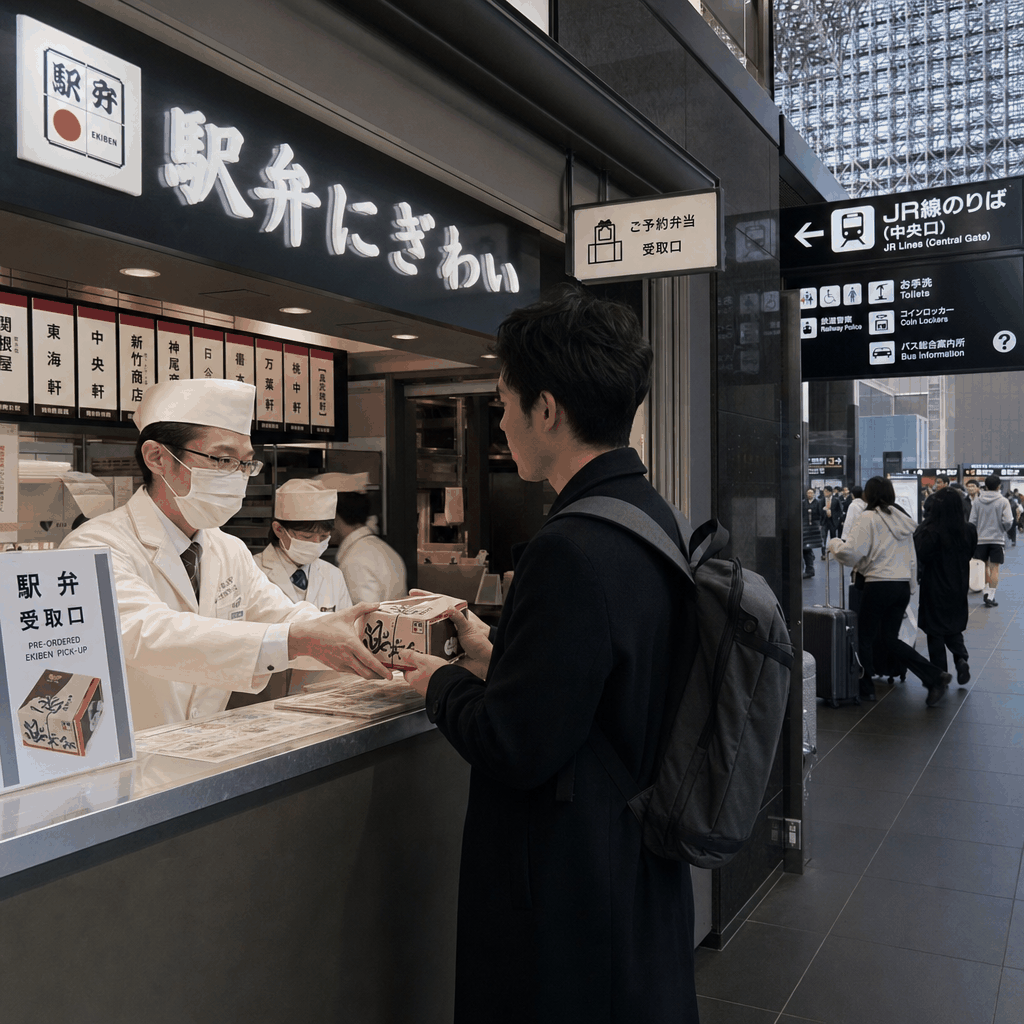 Traveler picking up a preorder ekiben at Kyoto Station before boarding a train