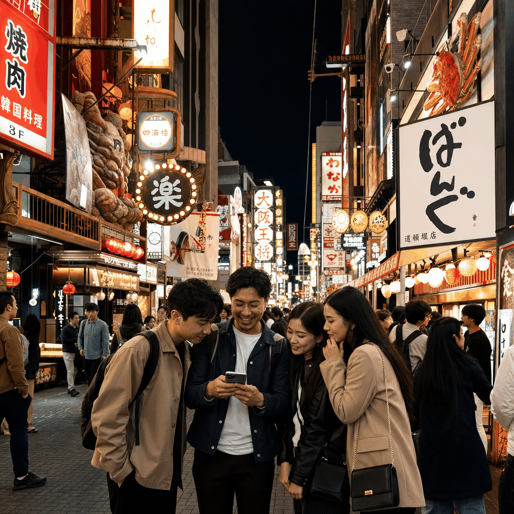 A lively Osaka dinner district with restaurant signs and evening foot traffic