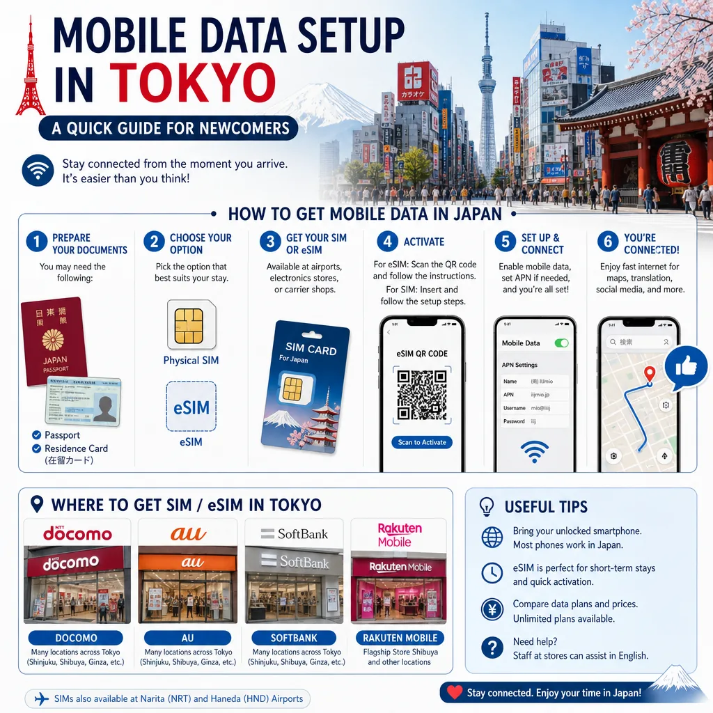 A new arrival activating an eSIM on a phone after landing in Tokyo