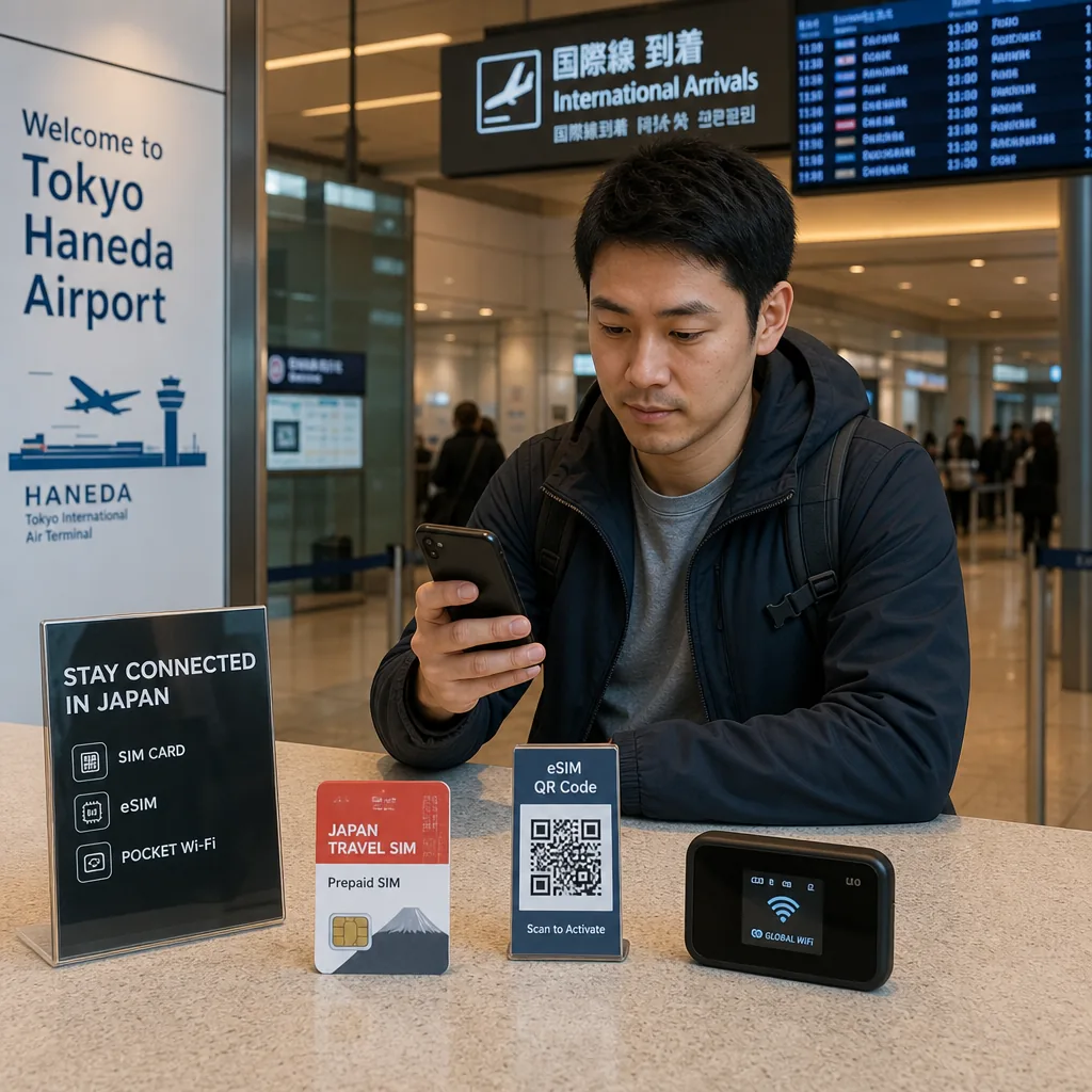 Travelers buying mobile data options at Tokyo Haneda Airport arrival services
