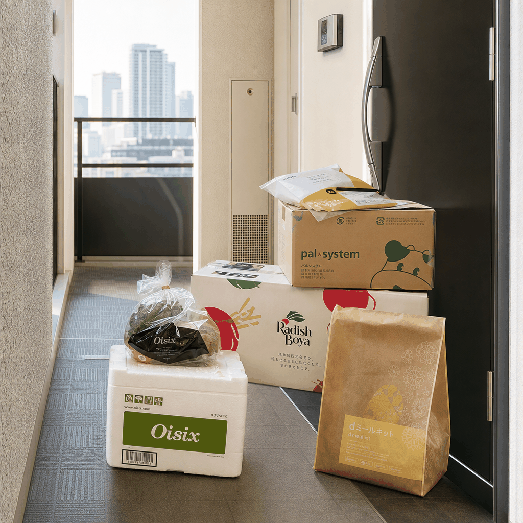 Tokyo apartment kitchen with a boxed meal kit ready to cook