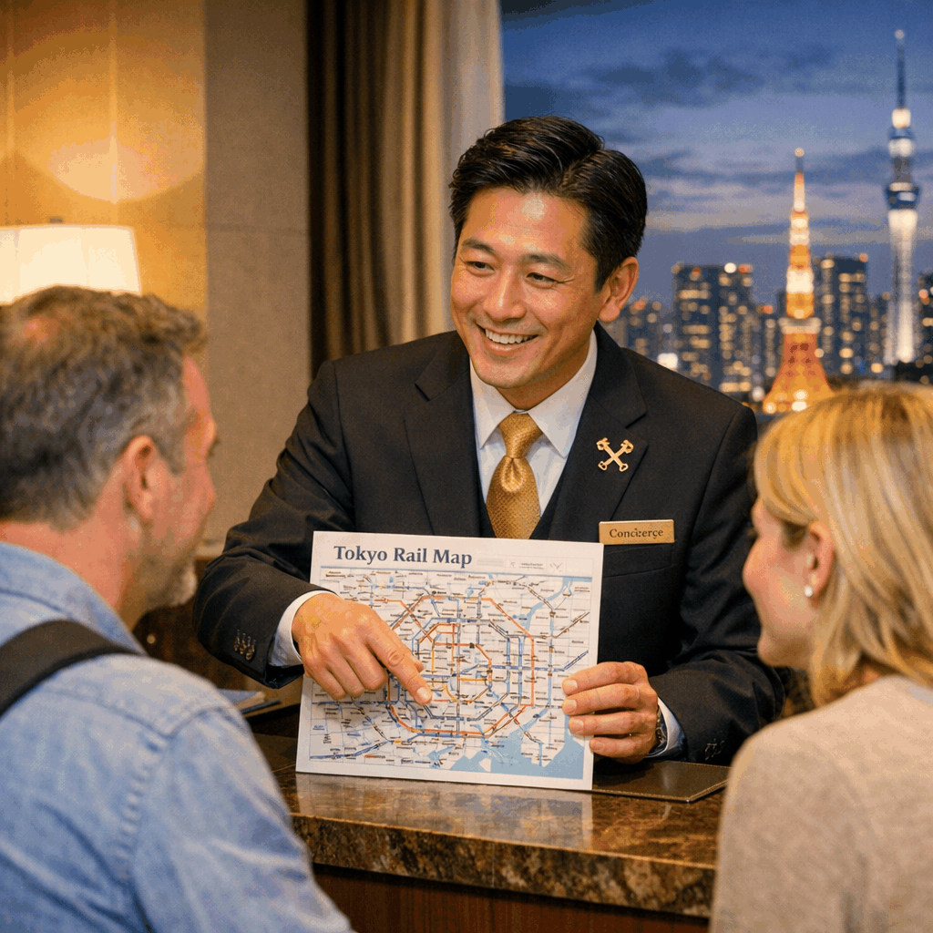 Concierge desk handing a travel map and Suica card to a visitor at a Tokyo hotel
