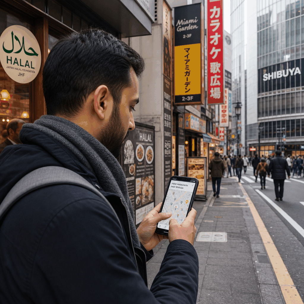 Muslim expats checking halal restaurant options in Tokyo using official tourism and map guides.