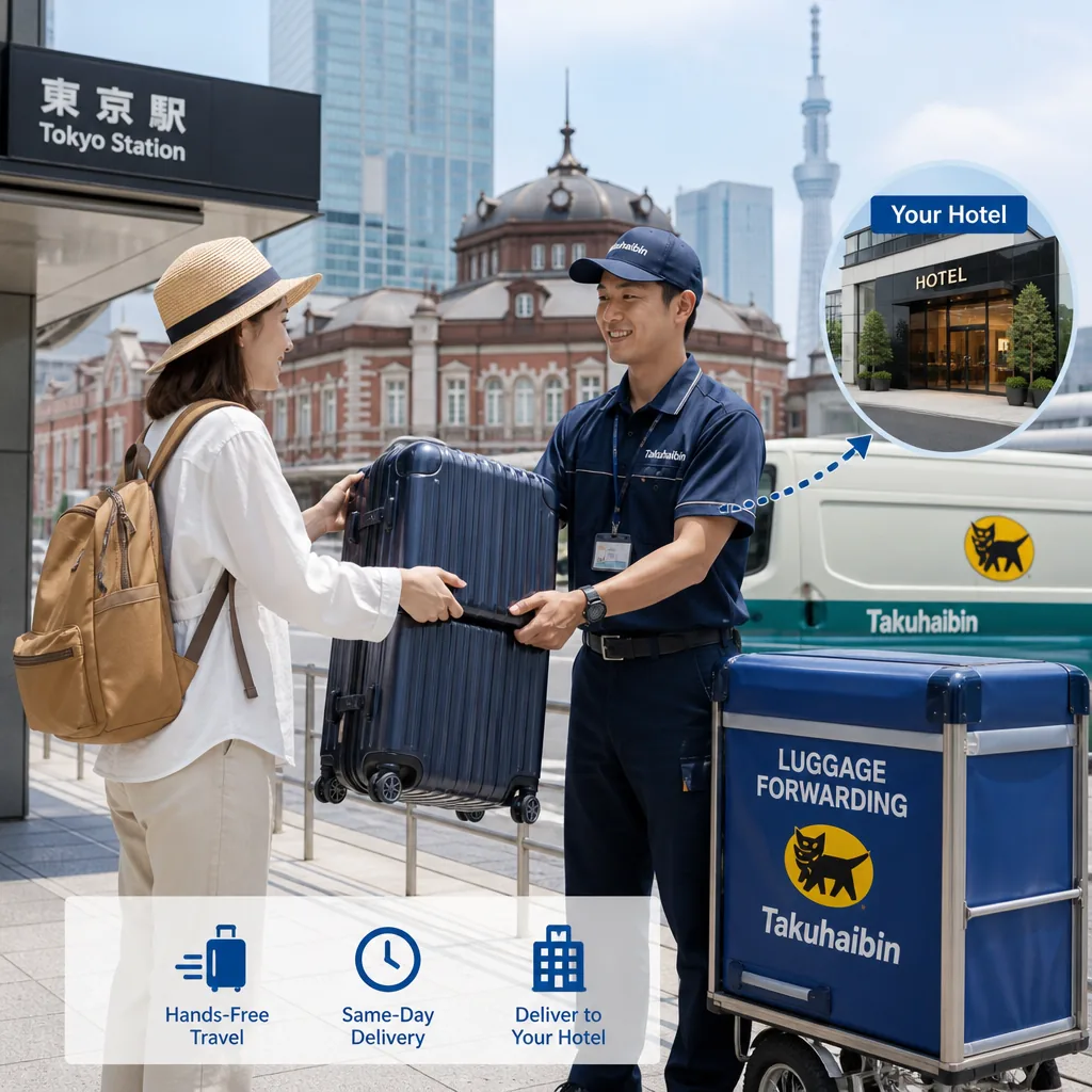 Traveler forwarding suitcase through Tokyo Station using TA-Q-BIN