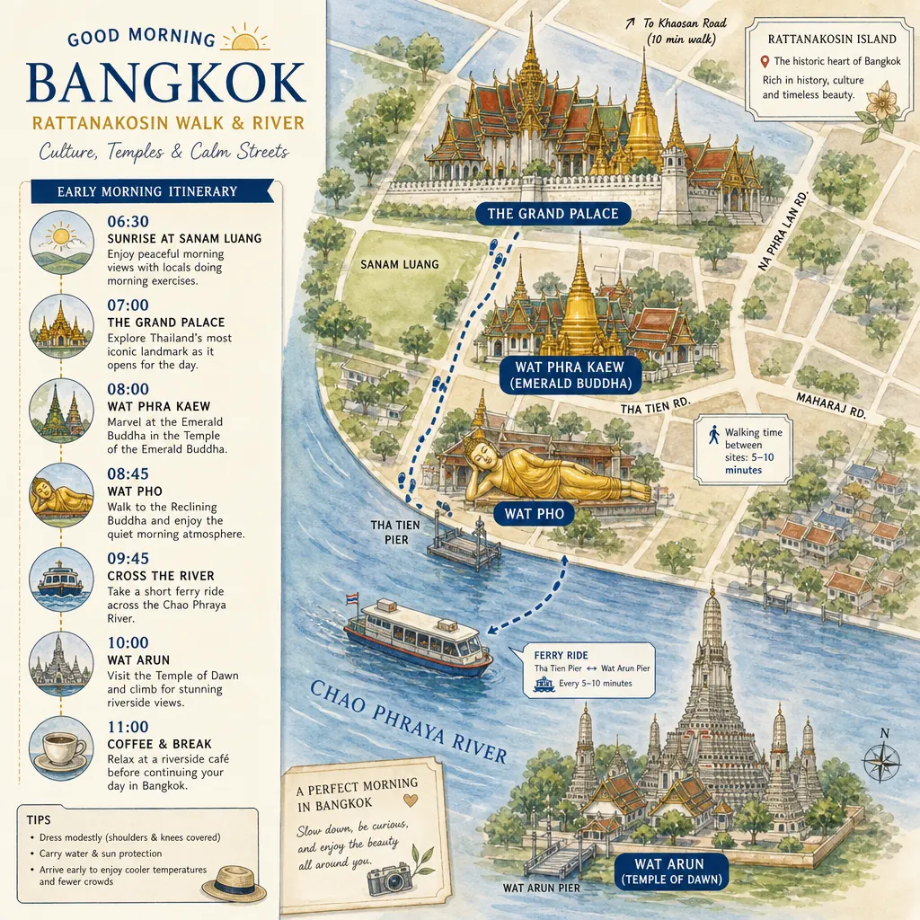 Rattanakosin area near the Grand Palace in Bangkok, ideal for a quiet early visit