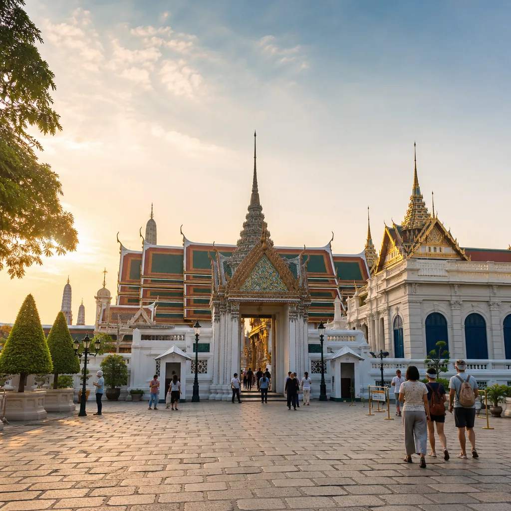 Early morning view of Bangkok’s Grand Palace entrance with lighter crowds