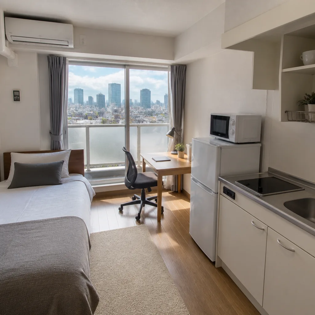 Tokyo expat comparing monthly mansion and serviced apartment listings online.
