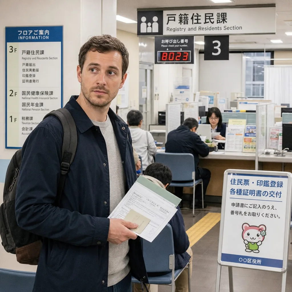 Newcomer at a Tokyo ward office registering an address for a My Number Card