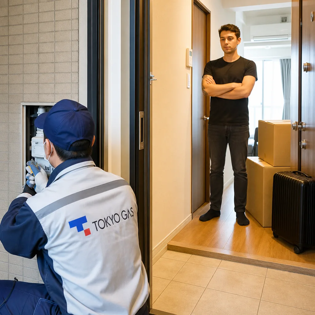 Tokyo newcomer checking electricity and gas move-in details before activation