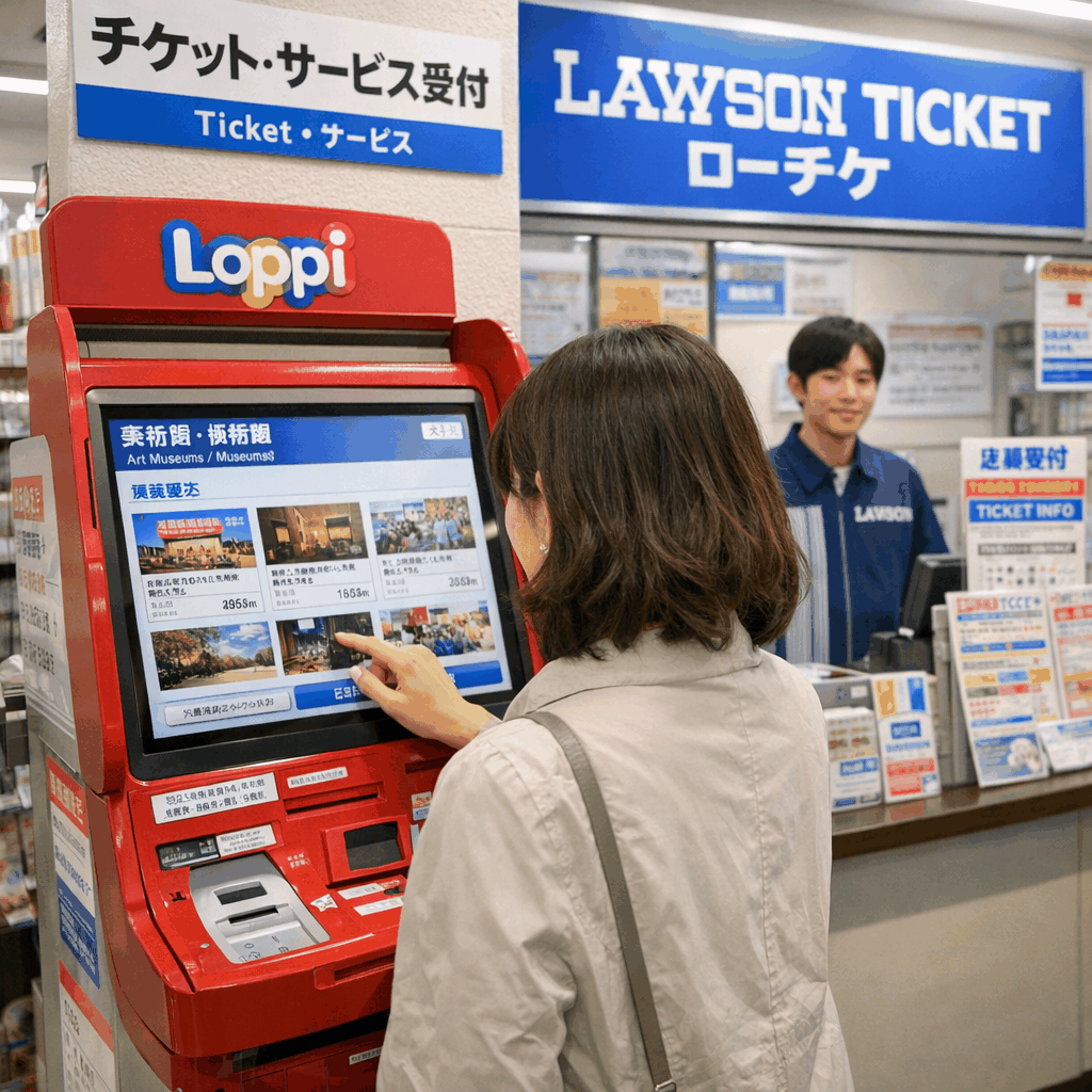 Lawson Loppi ticket terminal inside a Lawson convenience store and signage for Lawson Ticket in