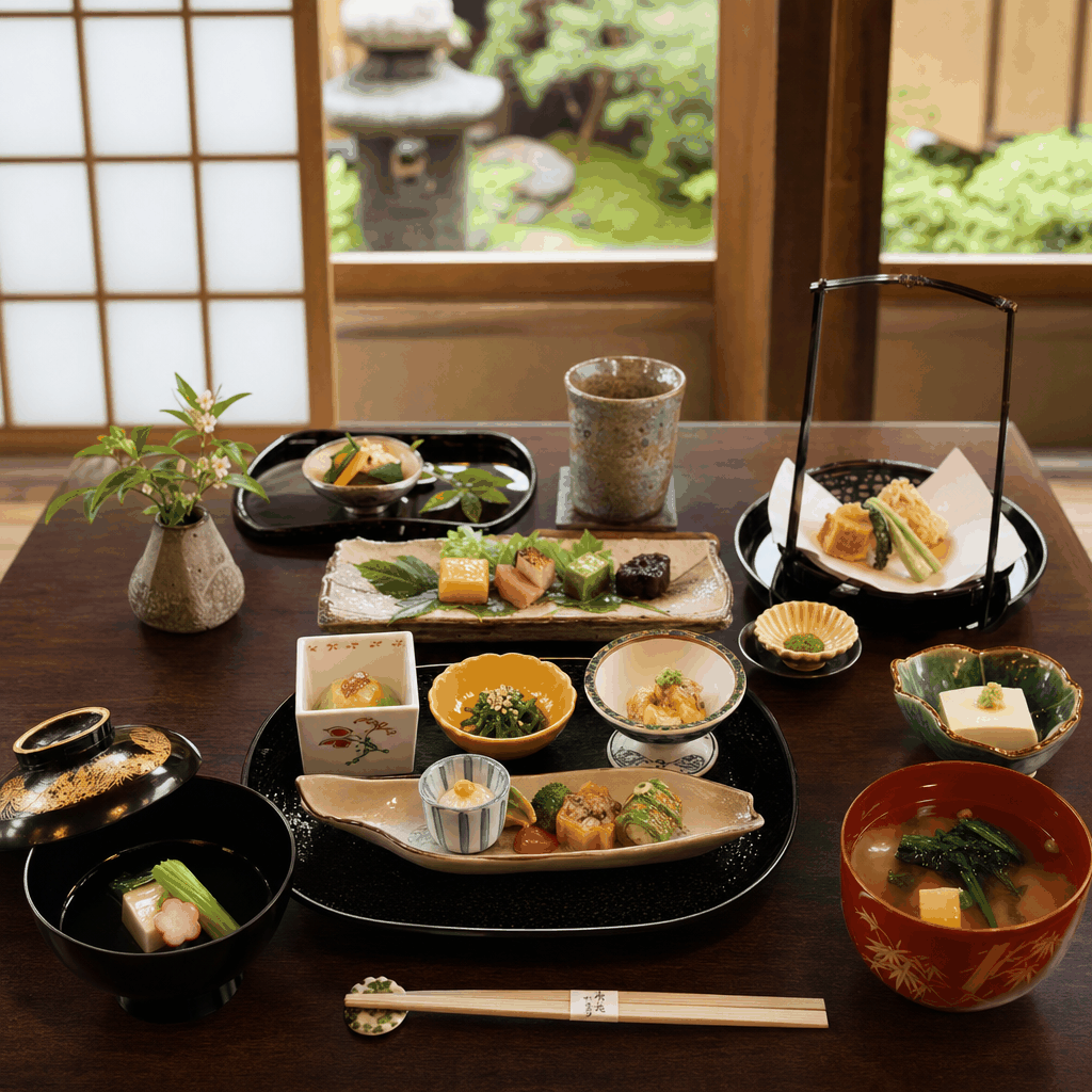 Vegetarian kaiseki lunch served in Kyoto with seasonal vegetables and traditional tableware