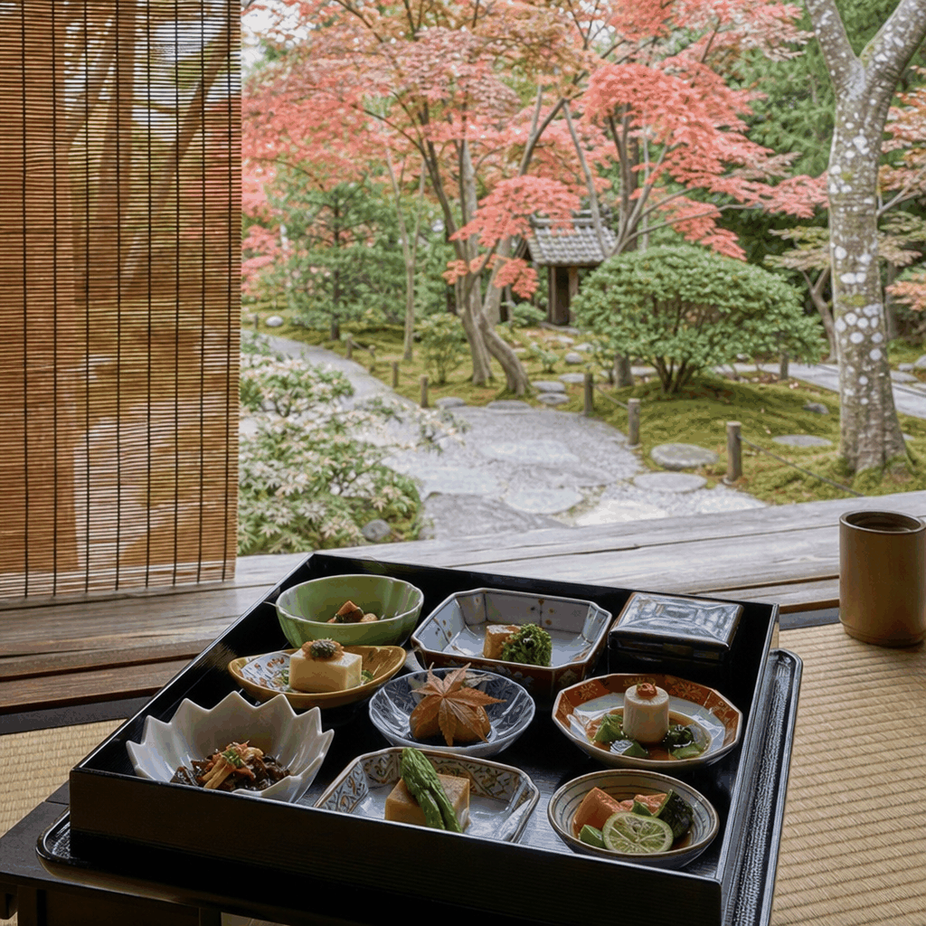 Temple-style shojin ryori meal in Kyoto, suitable for a prebooked vegetarian lunch