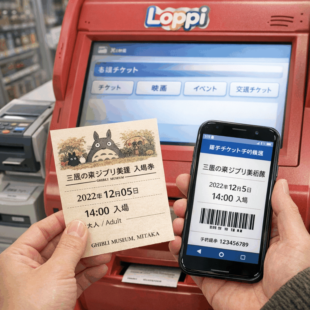 Interior signboard showing Ghibli Museum entry times and ticket information