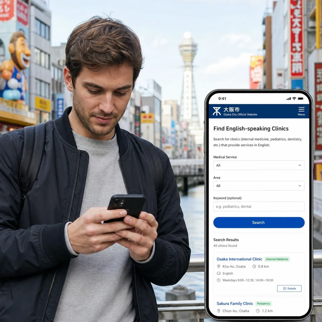 Expat checking an Osaka clinic listing and calling ahead to confirm English support