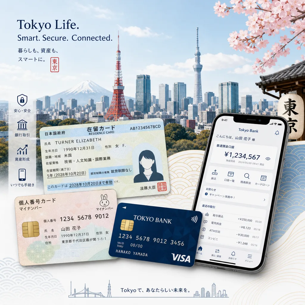 A resident preparing documents to open a Japanese bank account in Tokyo