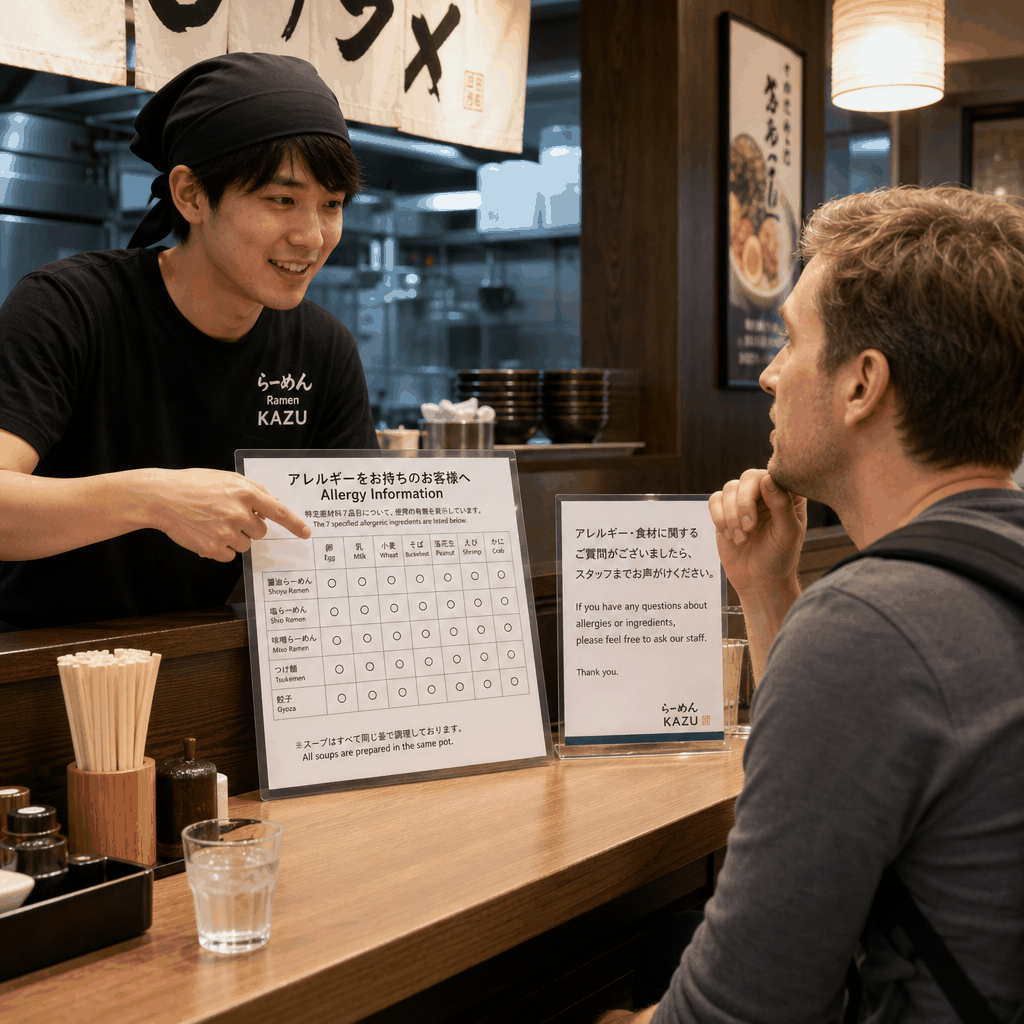 Tokyo ramen counter with a customer asking about allergens in Japanese