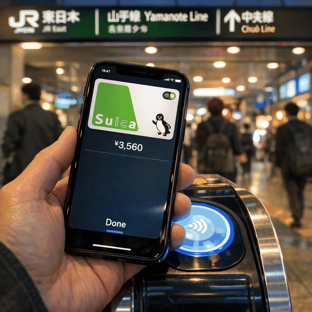 Using Mobile Suica on an iPhone at a Shinjuku Station gate