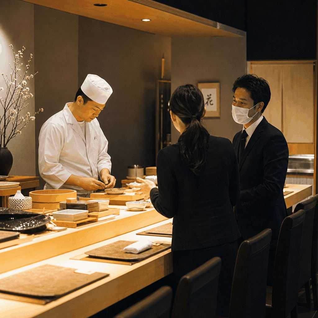 Tokyo omakase sushi counter with chef preparing a seasonal course for a guest.