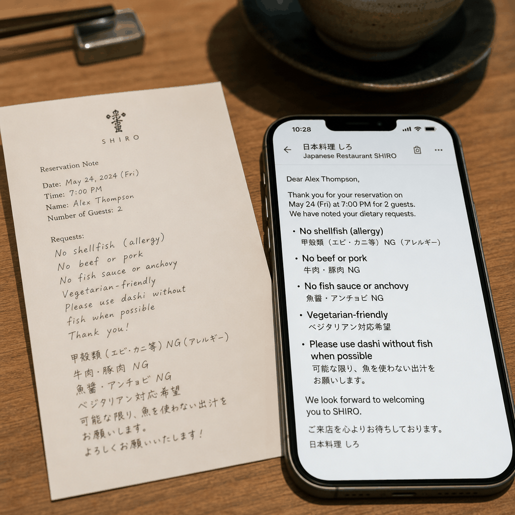Reservation note on a Tokyo restaurant table showing allergy and dietary restriction requests.