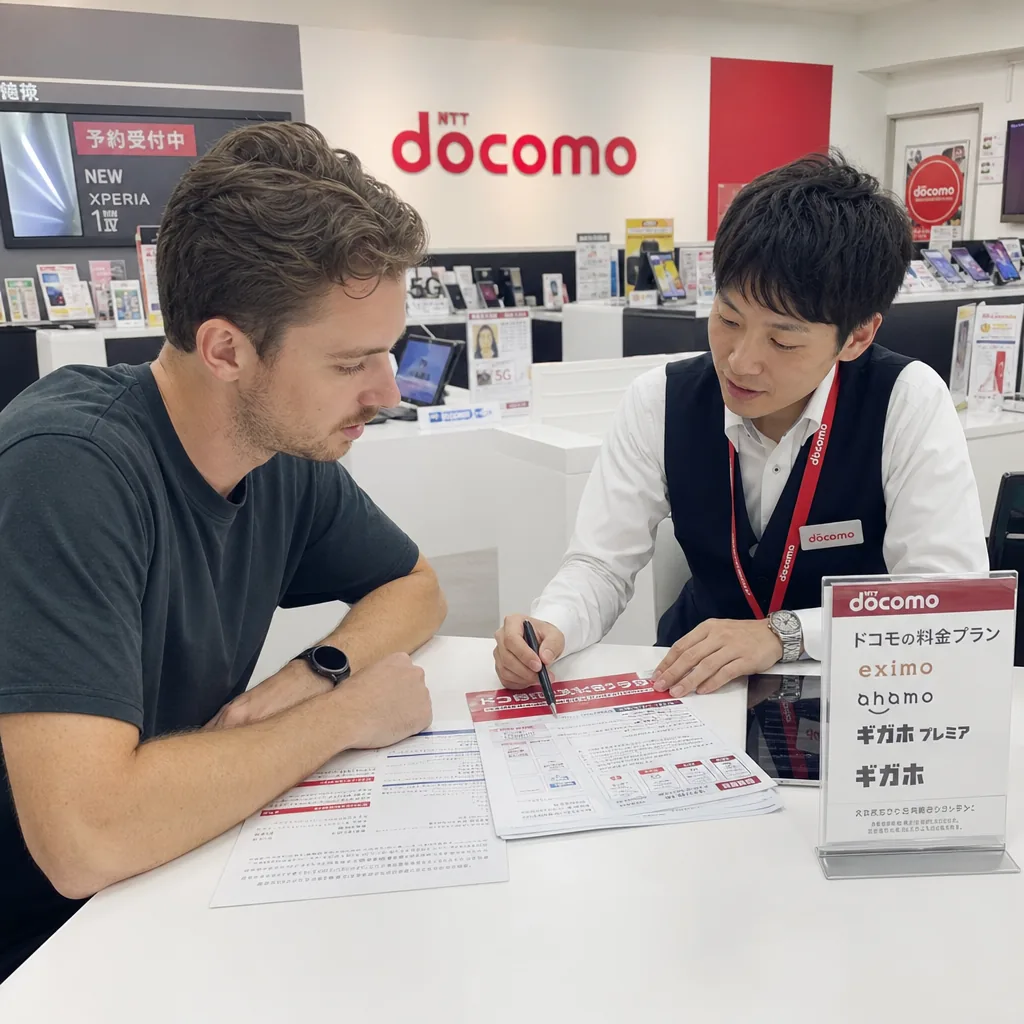 Expat setting up a Japanese mobile phone plan in a Tokyo carrier shop