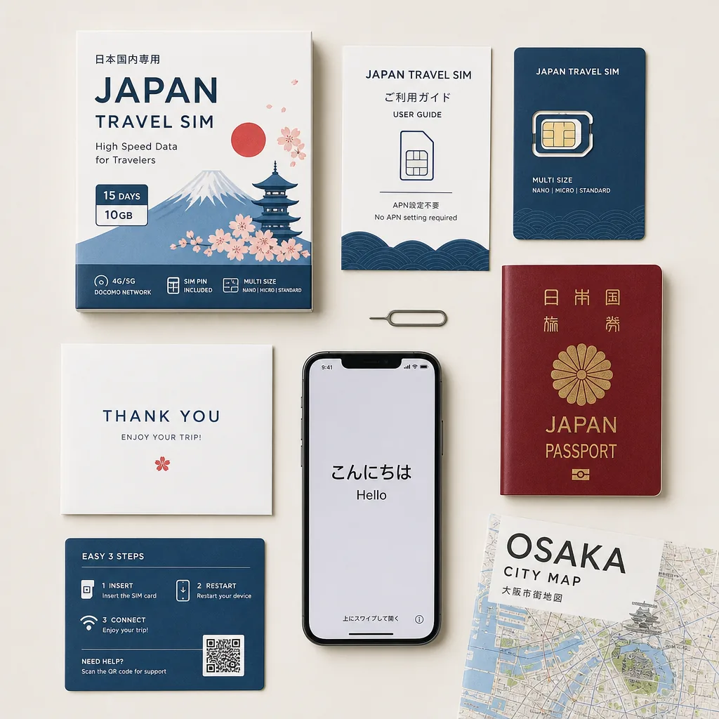 Mobile setup for a visitor eSIM or prepaid SIM in central Osaka