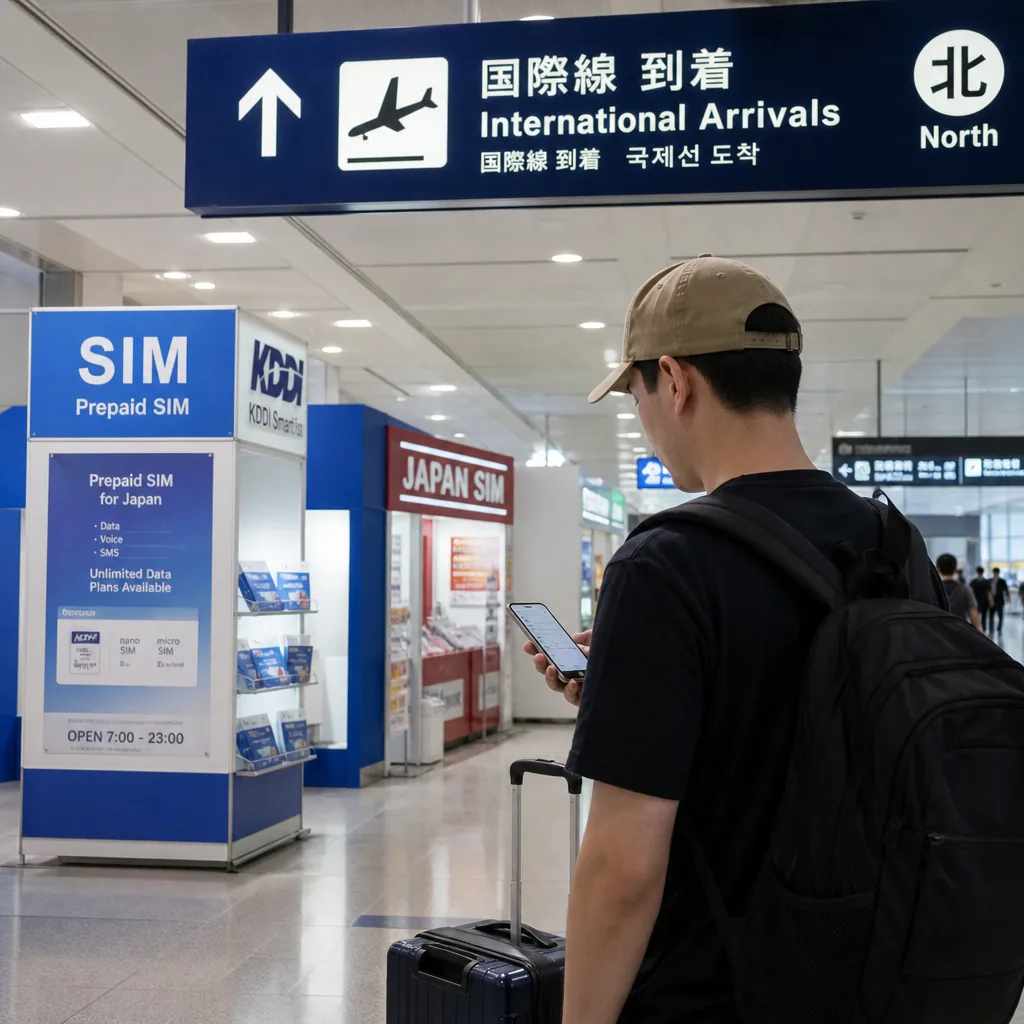 Traveler buying a Japanese SIM at Kansai International Airport in Osaka