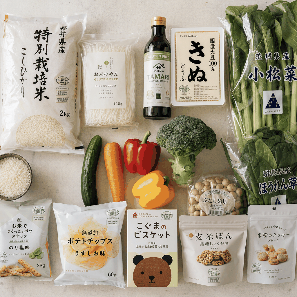 Tokyo supermarket aisle with rice-based and gluten-free products