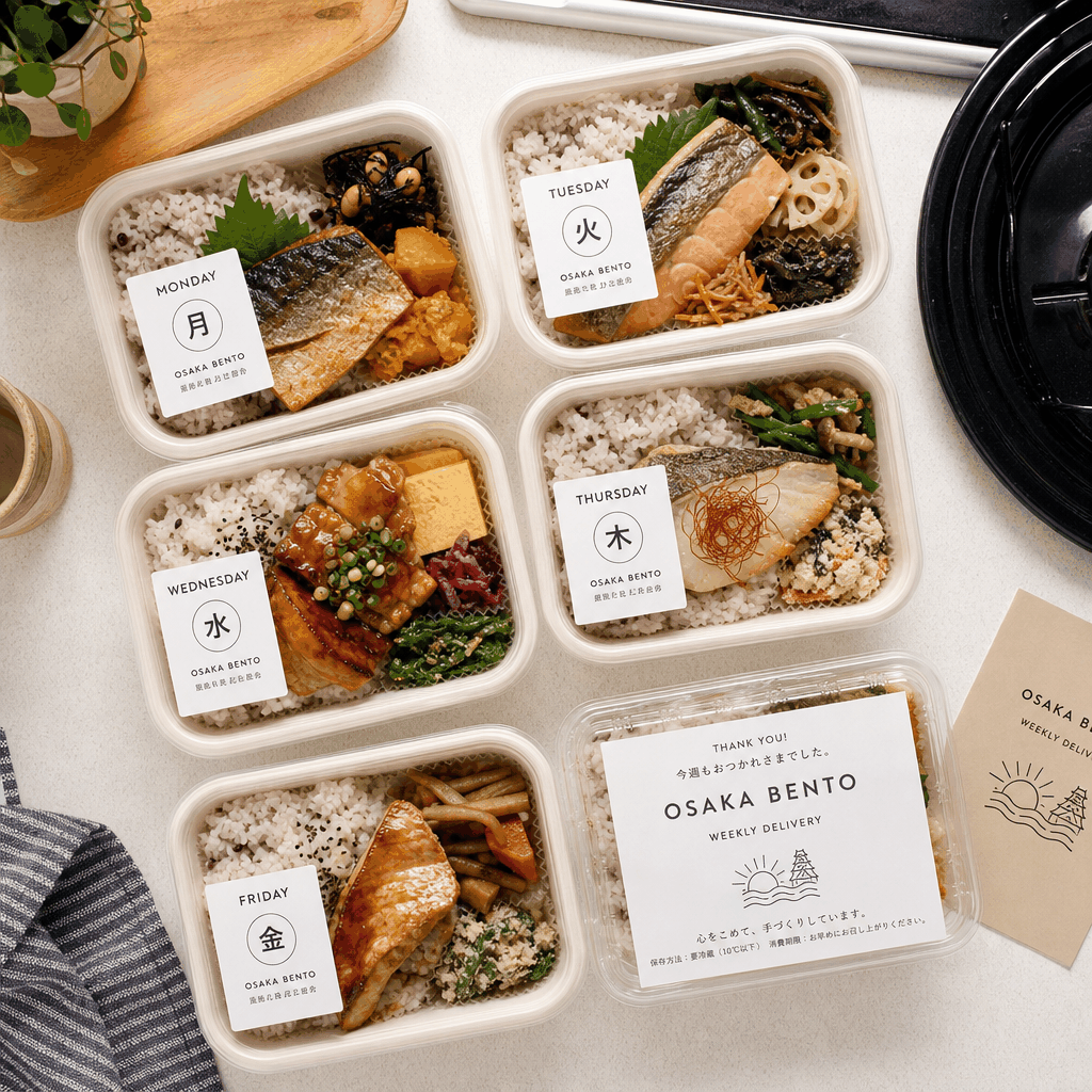 Packed bento meal delivery prepared for a weekly subscription in Osaka