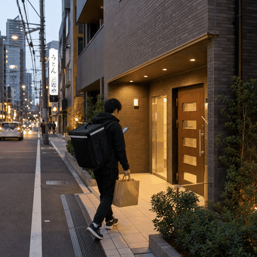 Osaka delivery rider carrying food near a central city street