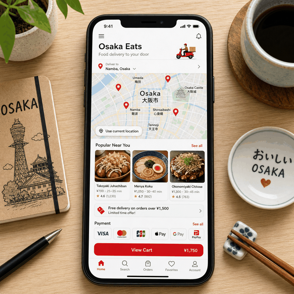 Smartphone showing a food delivery app order in Osaka