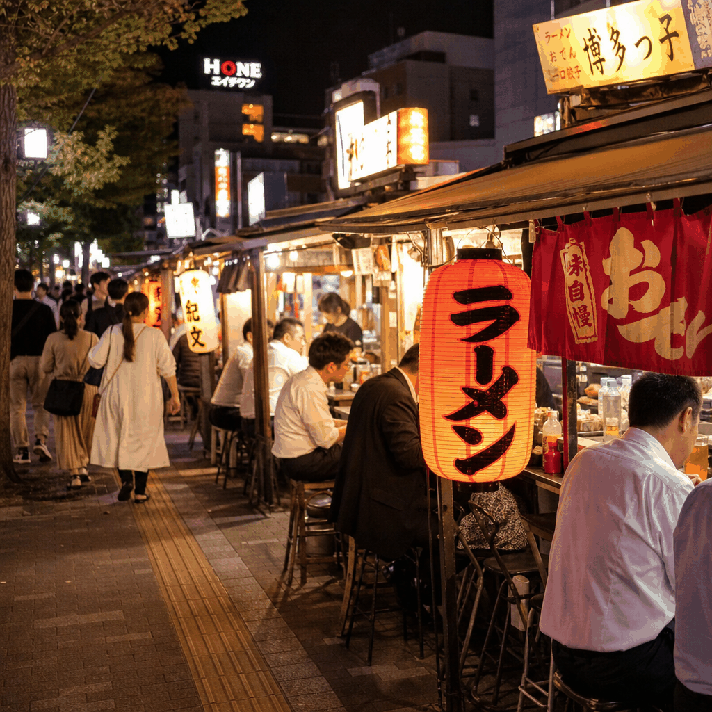 Open-air yatai food stalls in Fukuoka at night