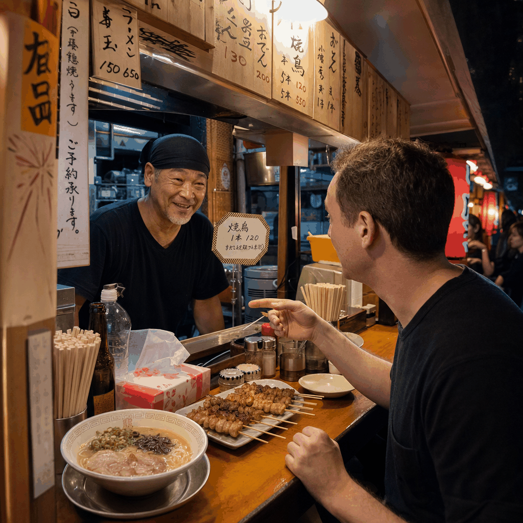 A first-time yatai dining experience in Fukuoka's Tenjin or Nakasu area