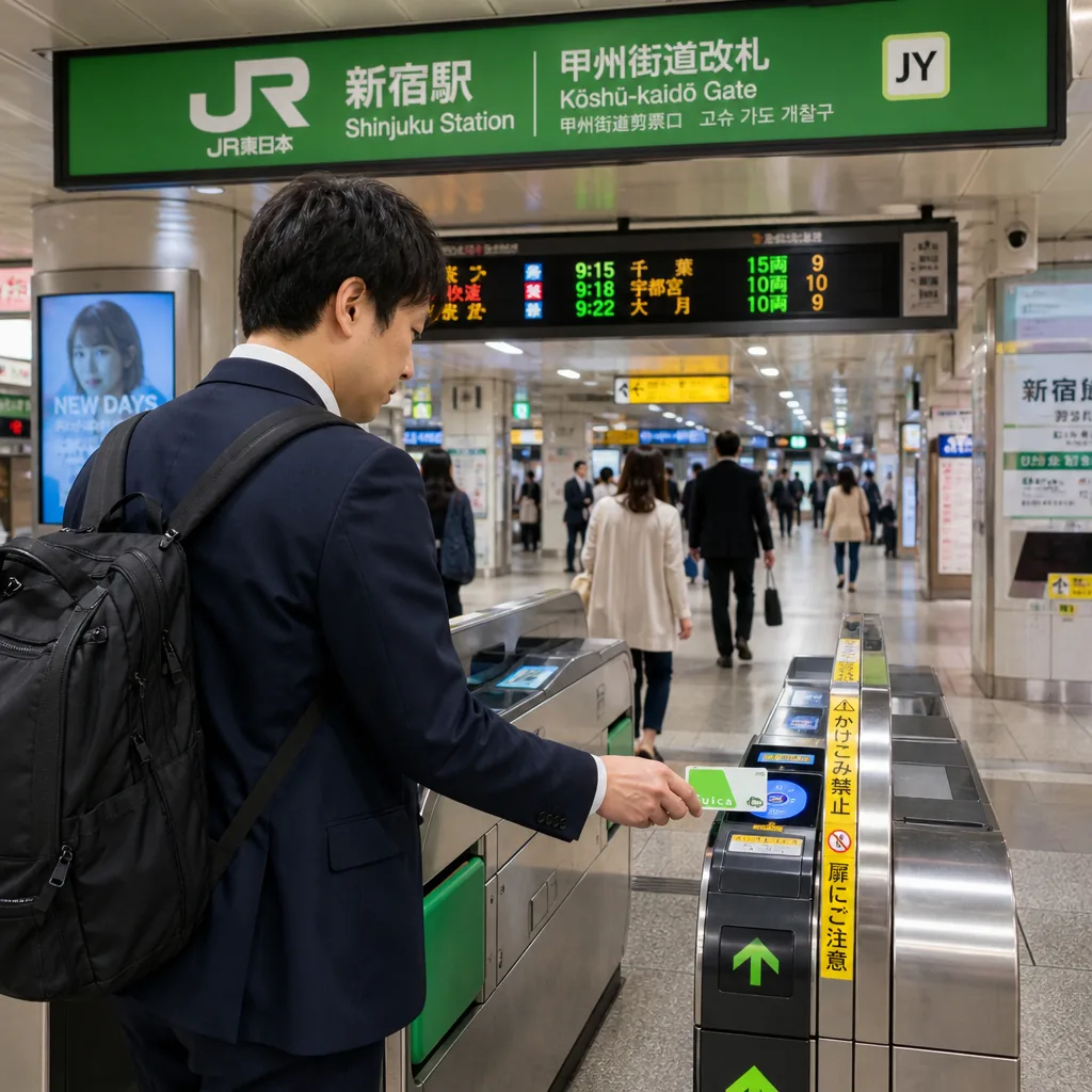 A Suica IC card ready to tap at a Tokyo station gate