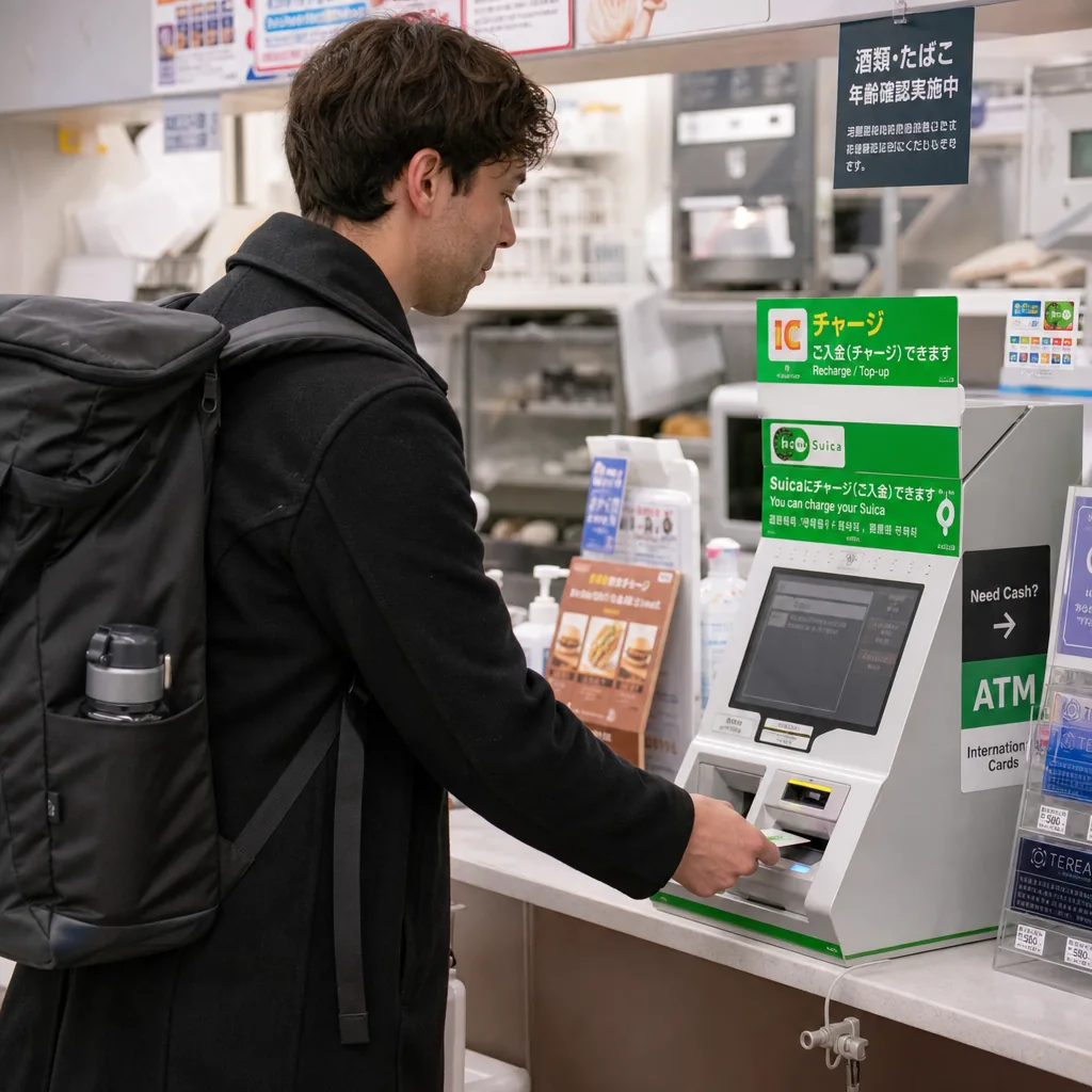 Tokyo commuter using Suica on a train in a busy station