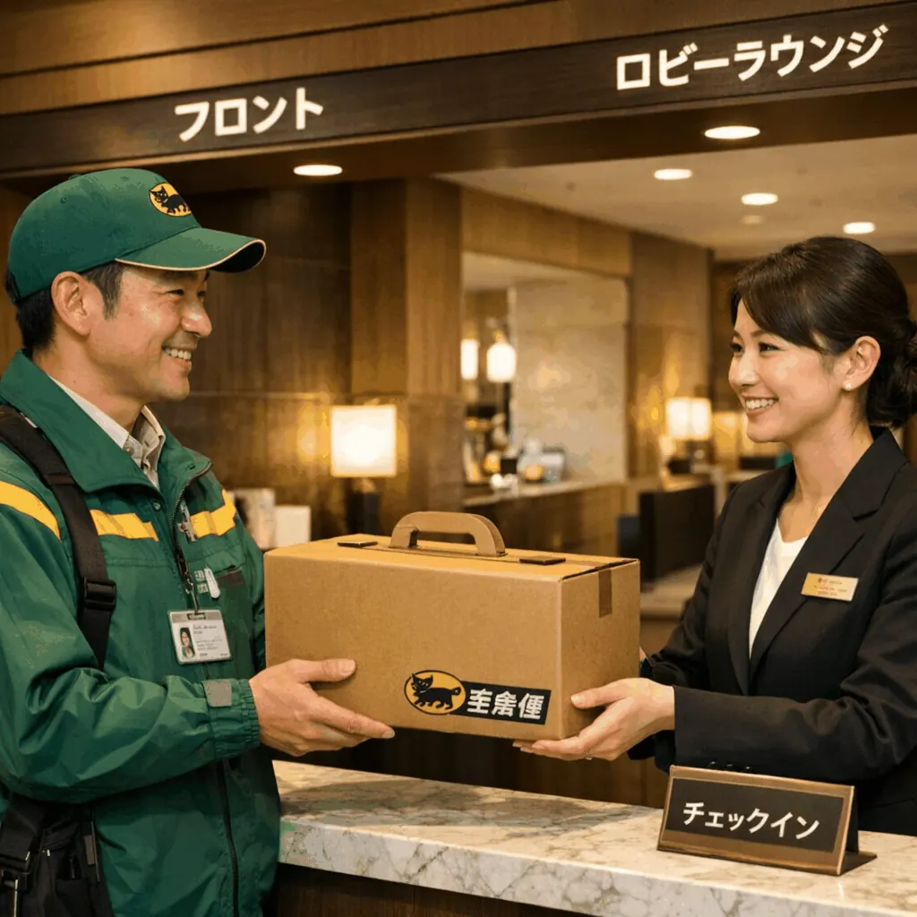 Hotel front desk in Tokyo receiving a TA-Q-BIN luggage delivery