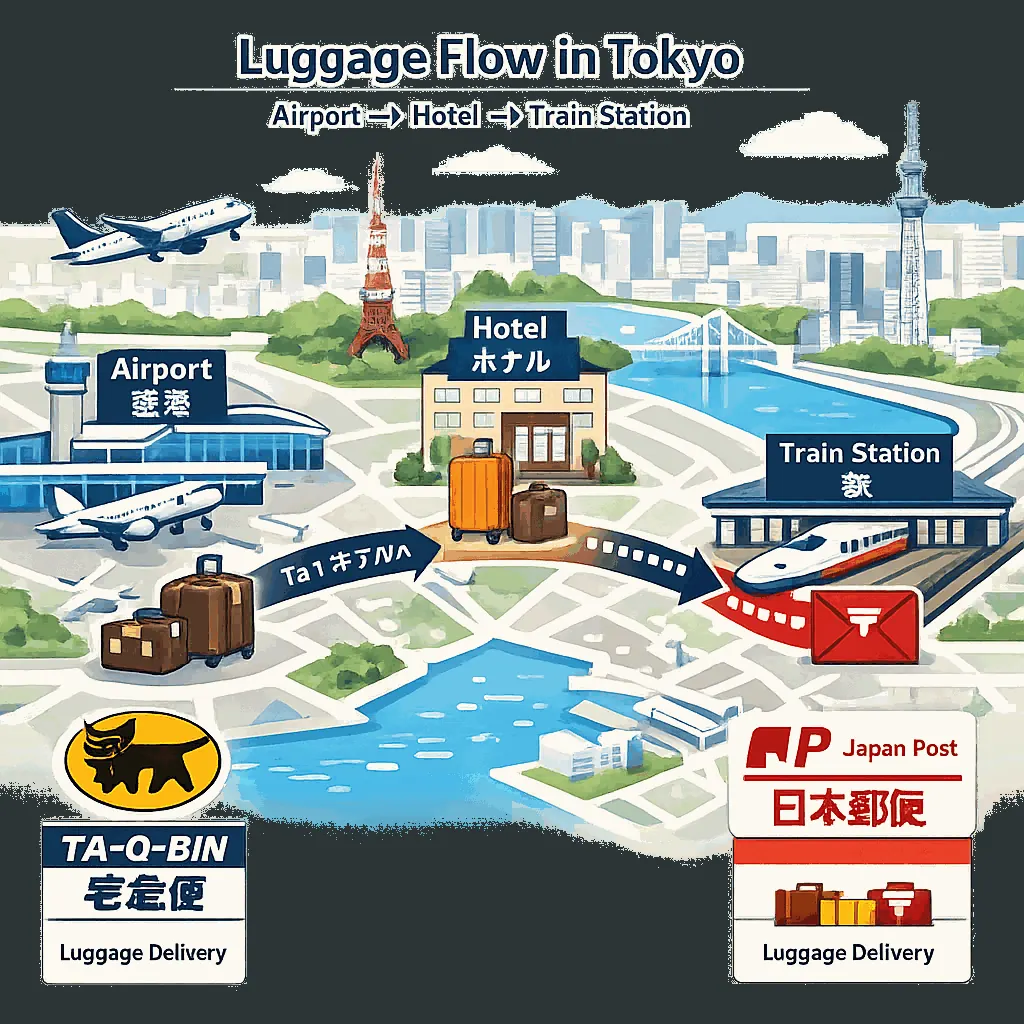 TA-Q-BIN delivery van parked near Tokyo Station with packed suitcases